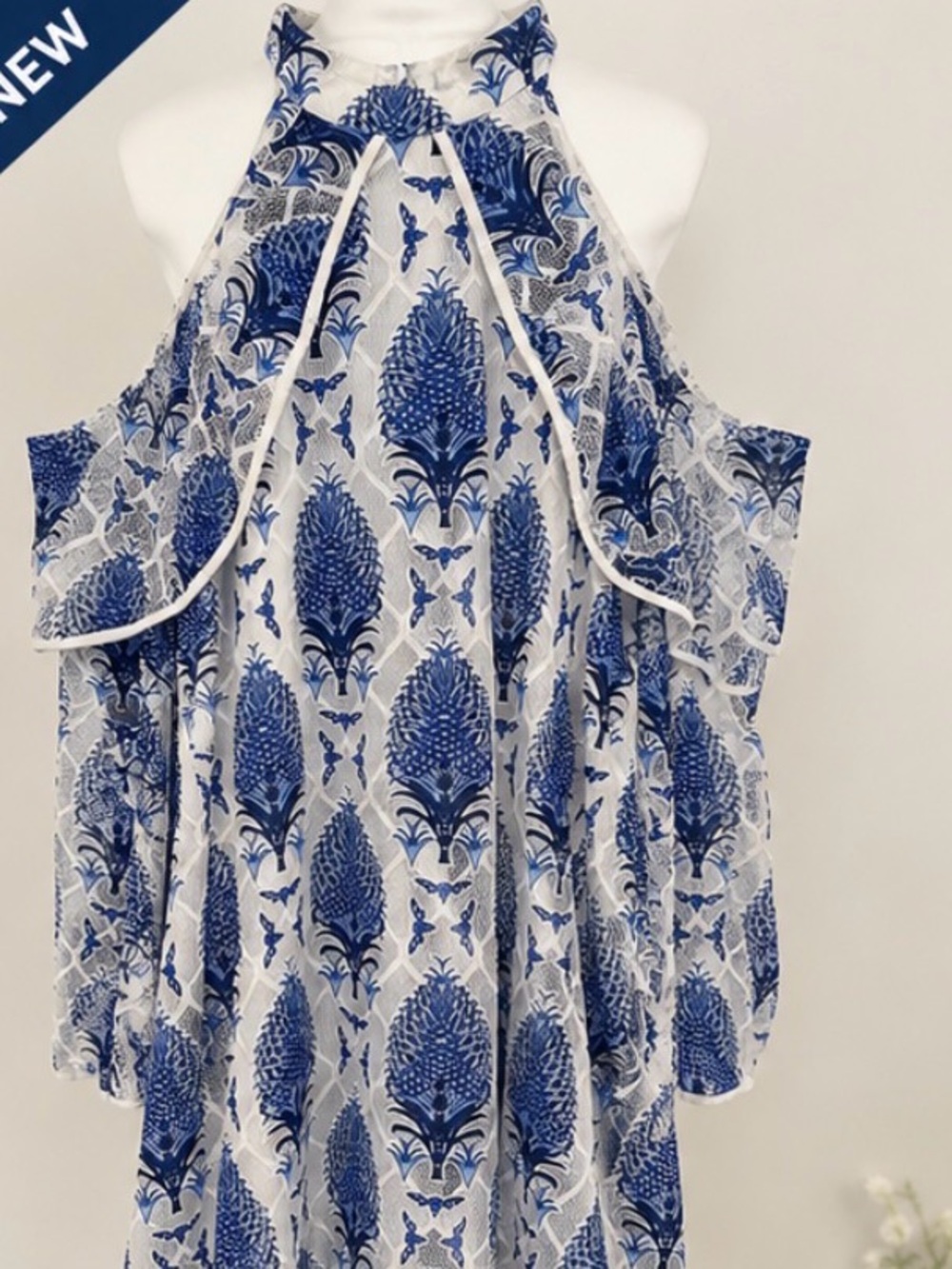 entro | Dresses | Entro Blue White Pineapple Cold Shoulder Dress Size Large